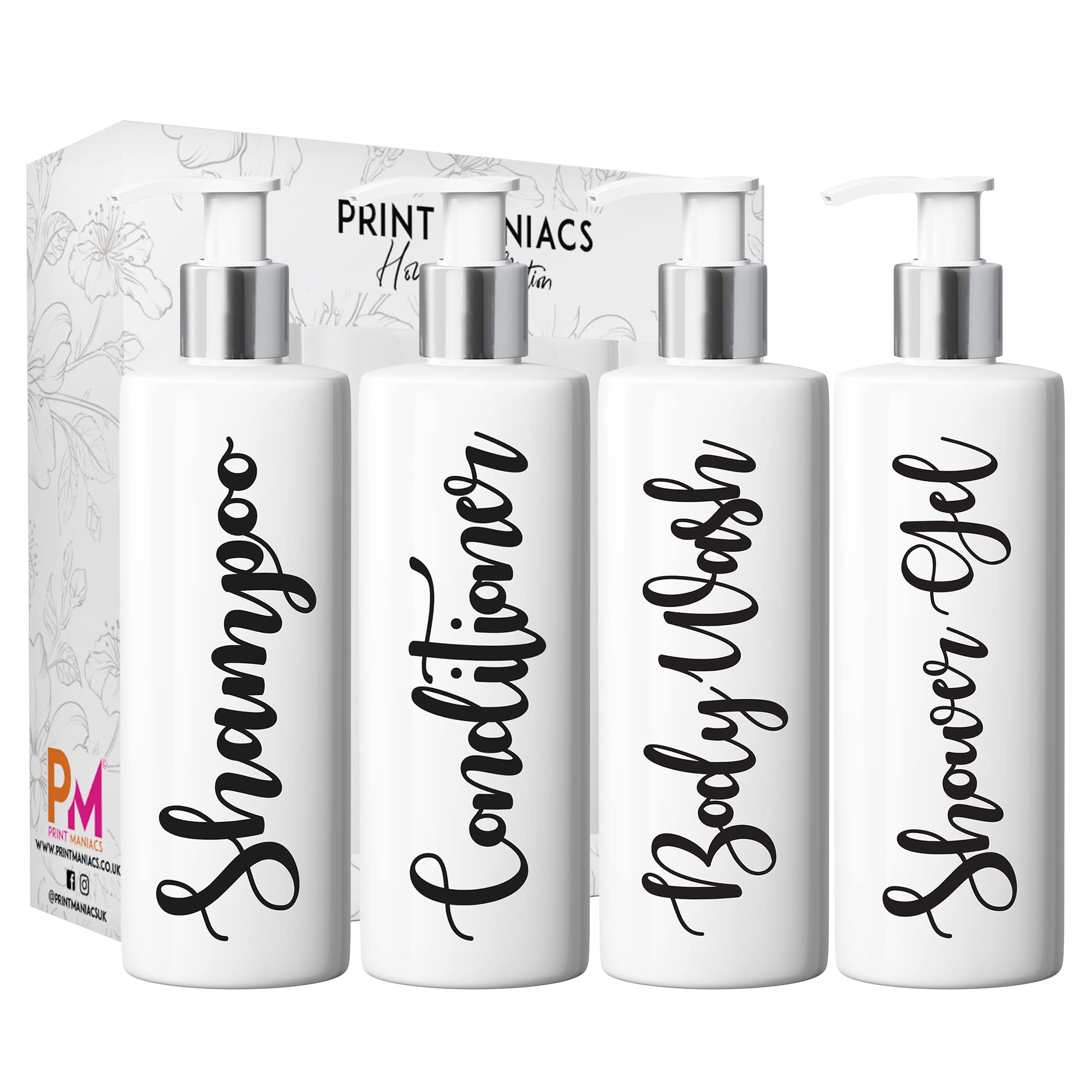 Print Maniacs White Mrs Hinch Inspired Personalised 500ml Pump Bottles Bathroom Lotion Kitchen Set Shampoo Conditioner (Shower Gel Set) (Black)