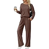 Ekouaer Lounge Sets for Women Comfy Ribbed Knit Pajamas Fall Long Sleeve Sleepwear 2 Piece Casual Loungewear,S-XXL