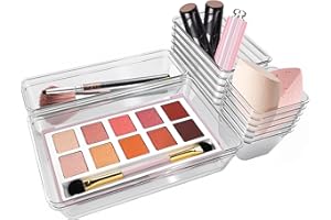 Drawer Organization System, 16 Pieces Storage Organizer in 4 Size Non-Slip Clear Plastic Compartment Inserts for Vanity Desk 