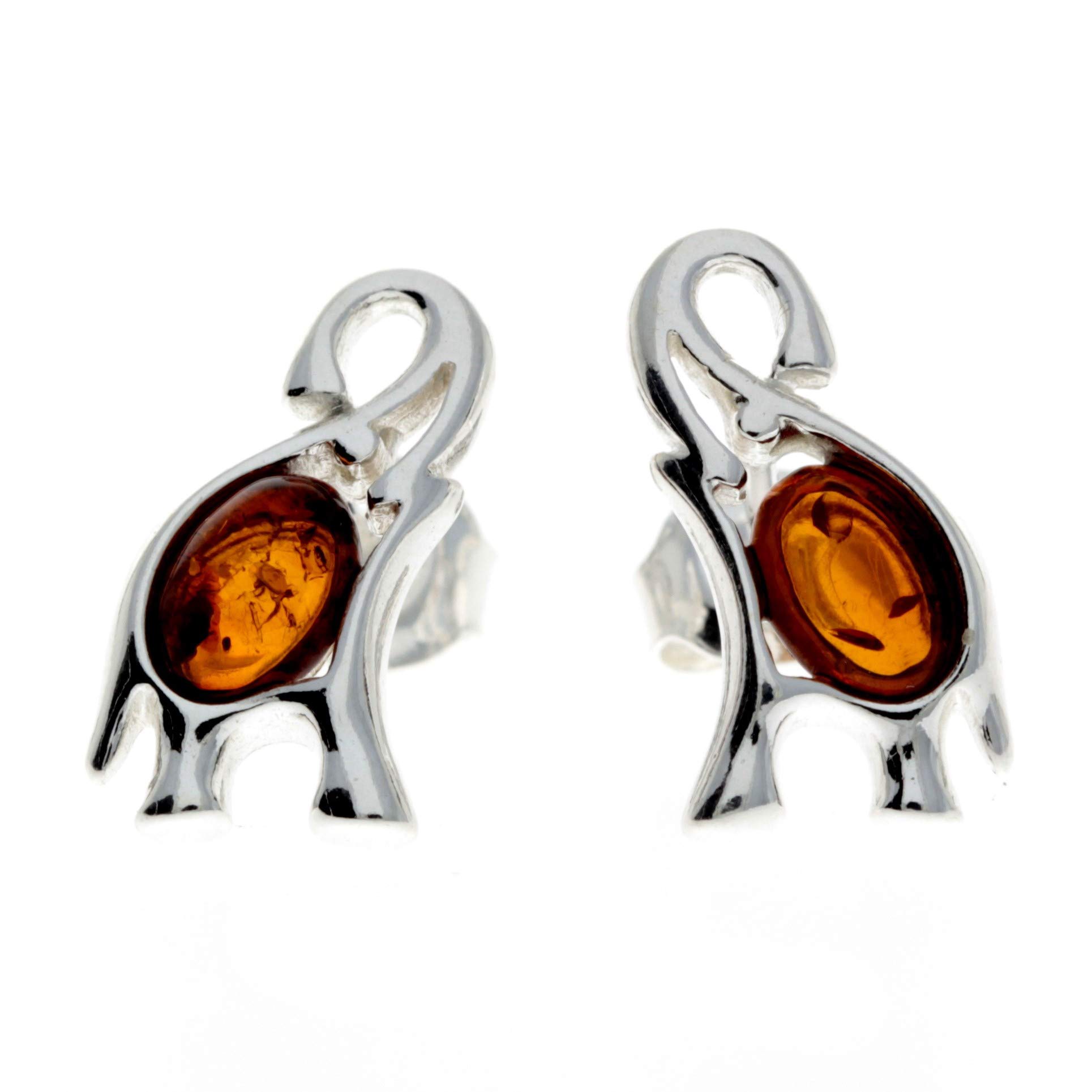 Genuine Cognac Natural Baltic Amber and 925 Sterling Silver Lucky Elephants Studs Earrings GL176