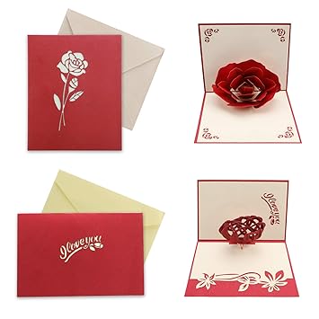 Konsait 2 Pack Valentines Day Card Love Card Handmade Heart Rose Flower Card Origami 3d Pop Up