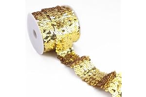GXTIZAS Elastic Sequin Ribbon Trim 1.6 Inch Wide Gold Metallic Sequins Trim 5 Yards Stretch Lace for Sewing Clothes Home Party Decoration