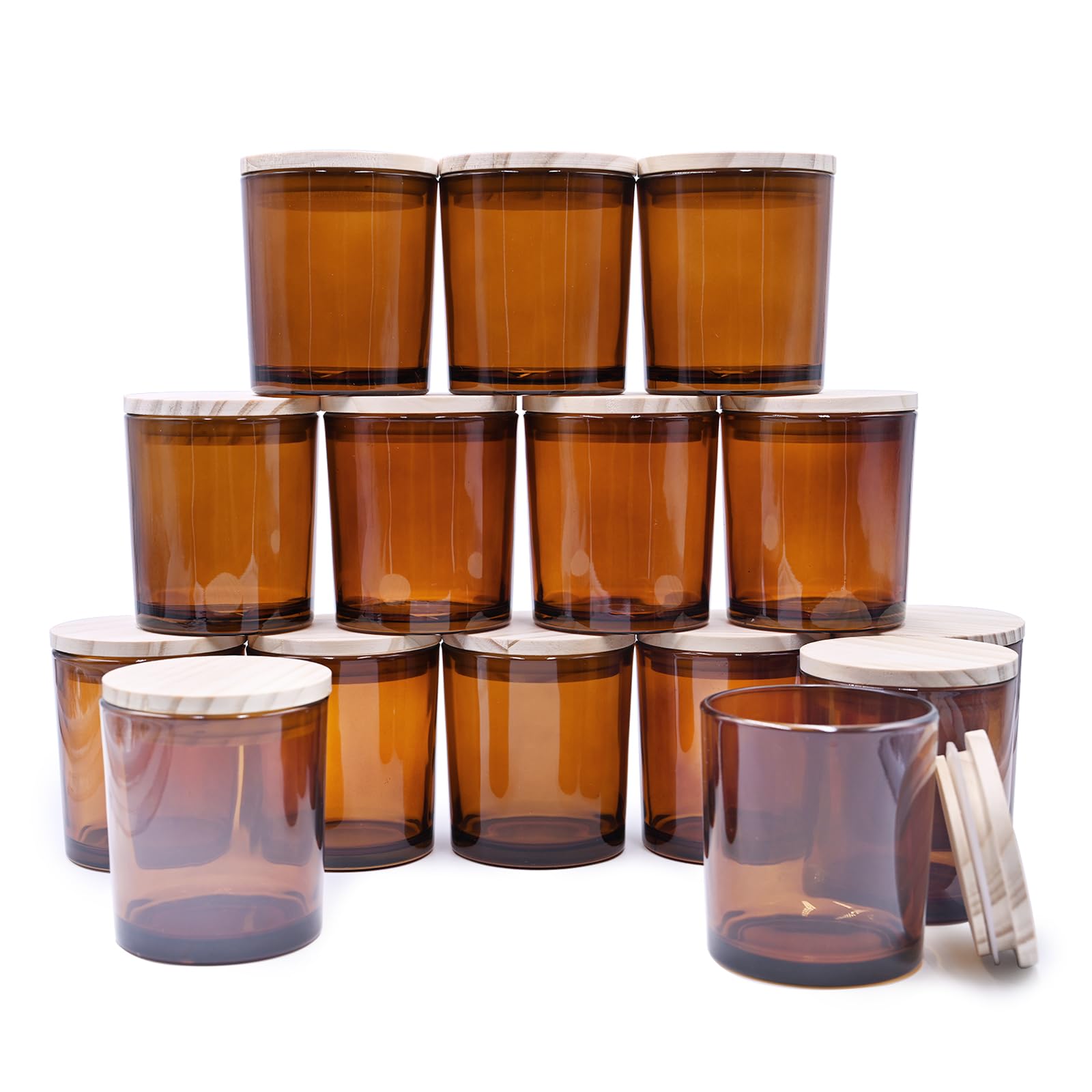Photo 1 of SHOWIN 8 OZ Thick Candle Jars for Making Candles 15 Pcs, Brown Empty Jars with Wood Lids for Candle Making, Sample Container,Clear Brown