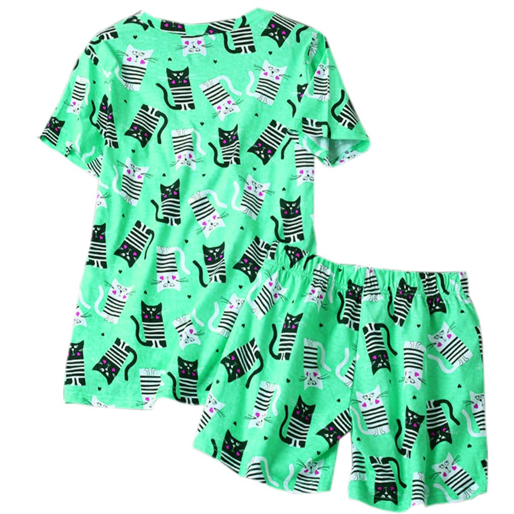 ENJOYNIGHT Women\'s Print Tee Sleepwear and Shorts Nightgown Pajama Set (Large, Cat)