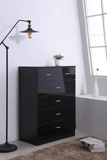 Harmin High Gloss Black On Black 6 Drawer Sideboard Cupboard