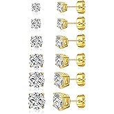 Gemsme 5 Pairs Princess Cut Cubic Zirconia Stud Earrings for Women/Men - 18K Gold Plated Hypoallergenic 3-7mm Square Clear CZ Earring Set