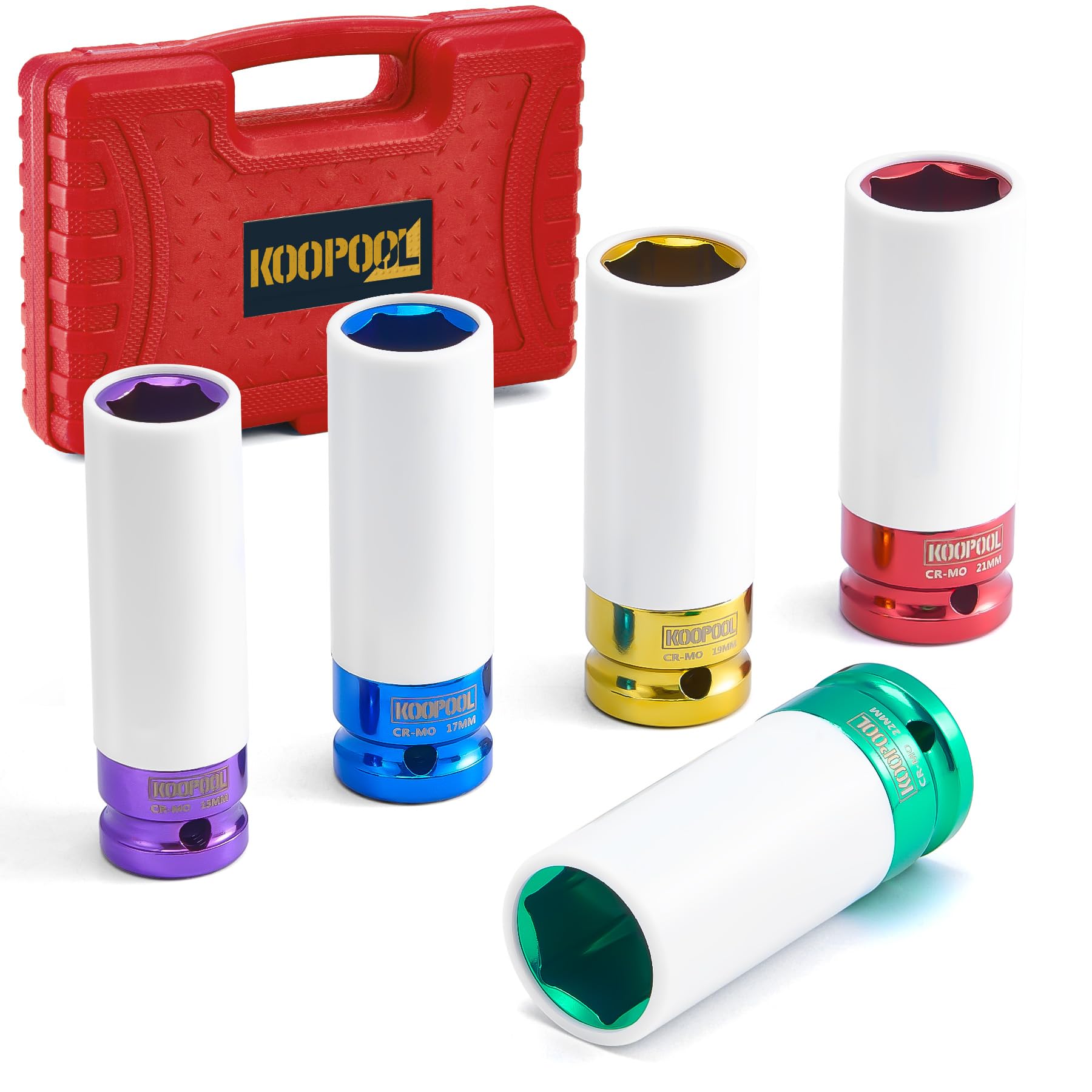 Photo 1 of 1/2" Drive 5pc Impact Lug Nut Socket Set, Metric 15-17-19-21-22 mm, Thin Wall with Colored Covers, Wheel Lug Nuts Socket with Protective Sleeve and Insert Prevent Damage to Rims (Red?