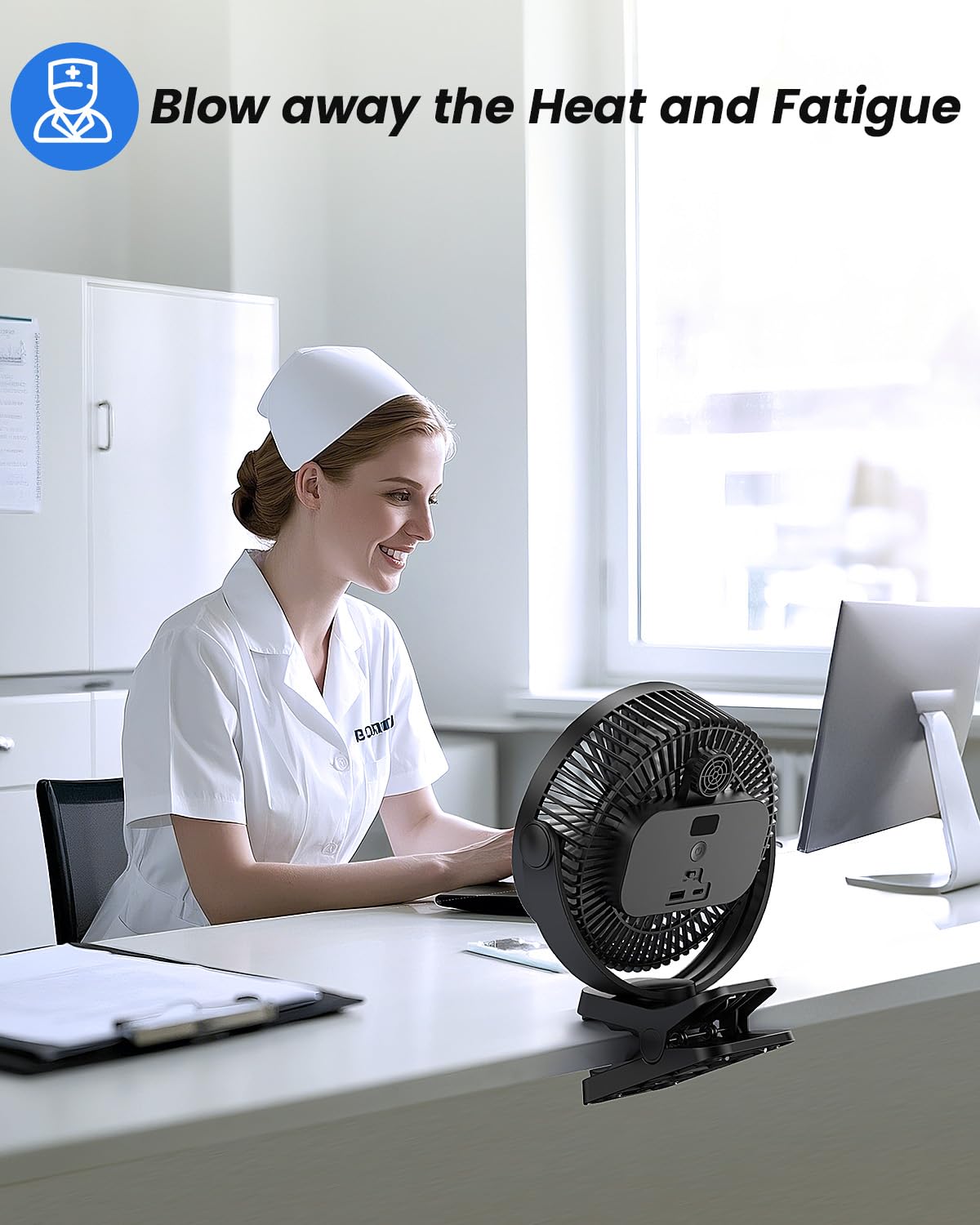 EasyAcc 10000mAh Portable Clip on Fan - 8 inch 37H Working Time Quiet Battery Rechargeable Desk Fan, Strong Airflow, Digital Display, 5 Speeds, Sturdy Clamp Fan for Golf Cart Office Bed Travel Camping