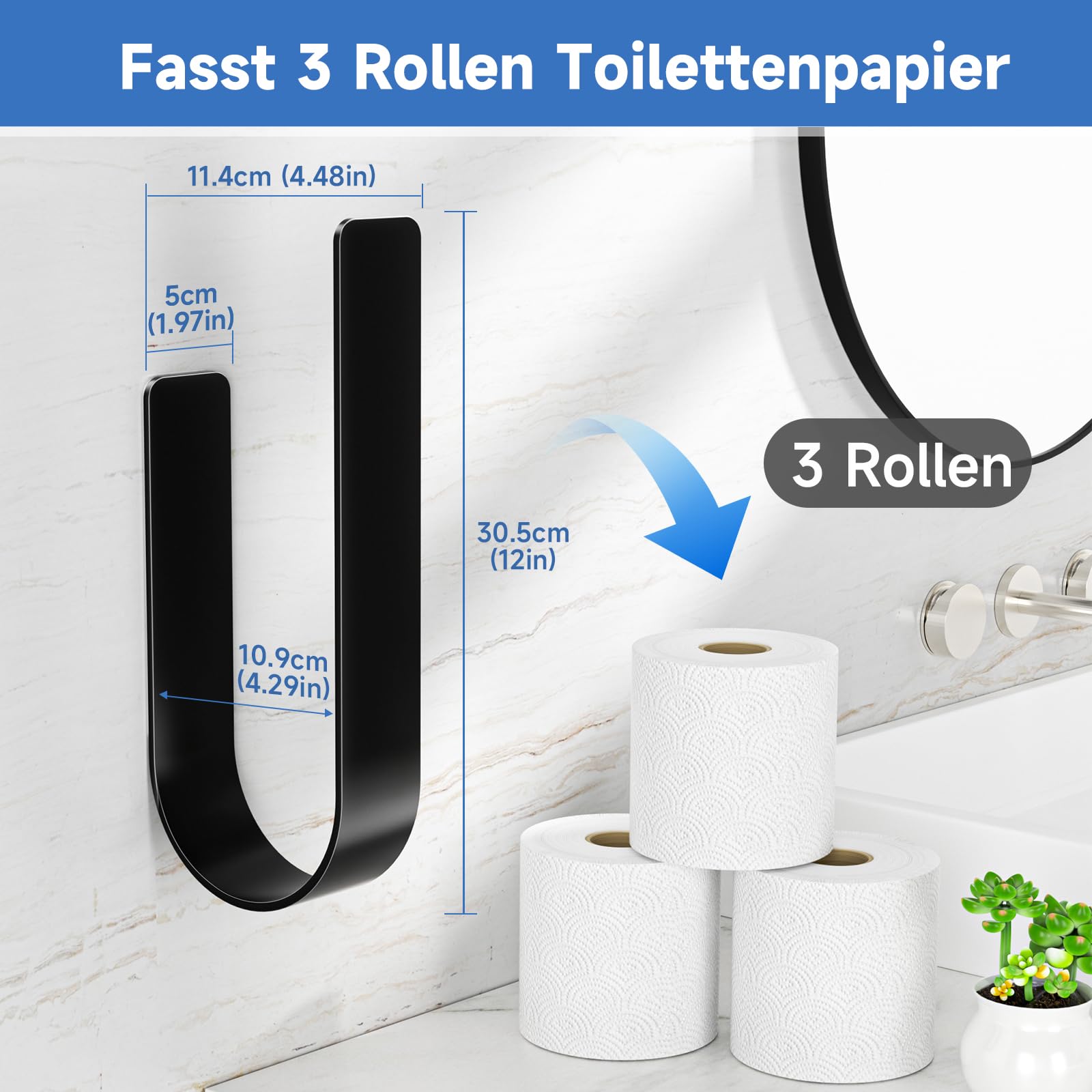 Toilettenpapier Aufbewahrung Schwarz, Selbstklebender Klopapier Aufbewahrung, Toilettenpapierhalter Ohne Bohren, Klorollenaufbewahrung Für 3 Rollen, Ersatzrollenhalter Toilettenpapier 2