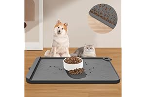 RAOUOEN Dog Food Mat, Silicone Dog Mat for Food and Water -Pet Feeding Mats with Residue Collection Pocket, Waterproof Dog Cat Bowl Mats with Raised Edges and Hooks, Placemats for Cats and Dogs Water Bowl