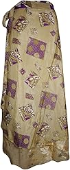 Womens Beige Sari Wrap Skirt Two Layer Reversible Printed Boho Gypsy Maxi Around Skirts