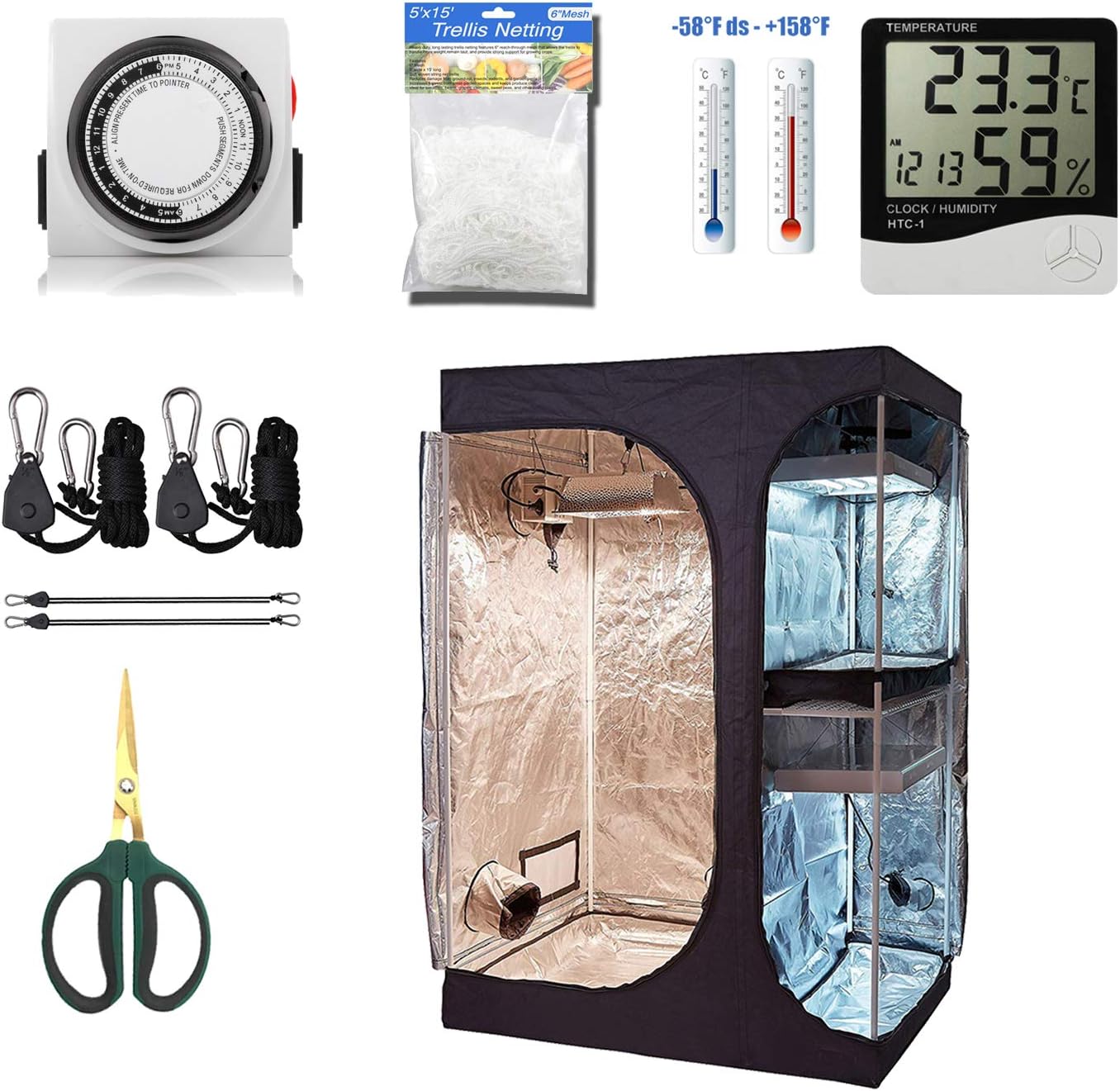 GreenHouser Garden Grow Tent High Reflection Mufti-Chamber 2-in1 Room Grow Box for Indoor Planting +24 Hours Timer+Hangers+Temperature Humidity+Bonsai Shears+Netting Trellis Grow Kits (36"x24"x53")