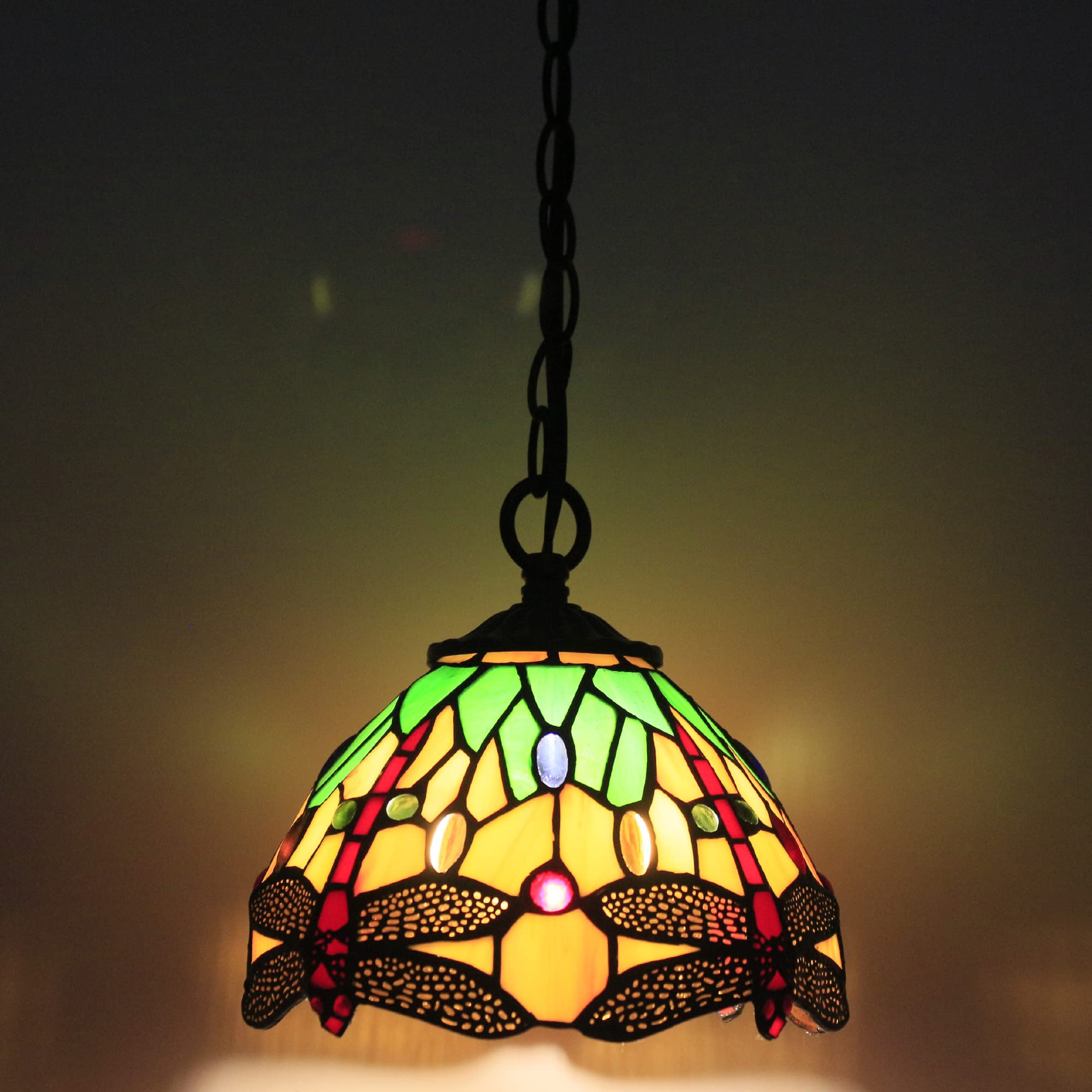 Photo 1 of Small Tiffany Pendant Light 8 inch Tiffany Style Stained Glass Pendant Hanging Lamp Small Vintage Hanging Light Fixtures for Home Living Room Restaurant Hallway (Green Dragonfly Style)