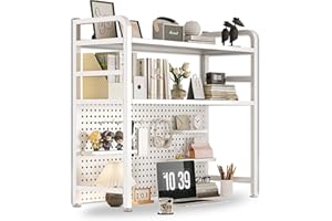 Nerxerx Desktop Bookshelf 2 Layer for Computer Multipurpose Metal Desktop Hutch Shelf Wrought Iron Desktop Bookcase for Office Supplies Organizer (White)
