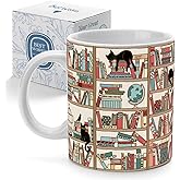 Palasarkaaa Cat Book Coffee Mug Gifts for Book Lovers Readers, Library Bookshelf Cup for Librarian Bibliophile, Bookworm Club Gifts for Friends - Reading Writer Women Black Coffee Cup 11oz