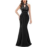 Miusol Women's Elegant Halter V-Neck Lace Sequin Pleated Formal Evening Maxi Dress