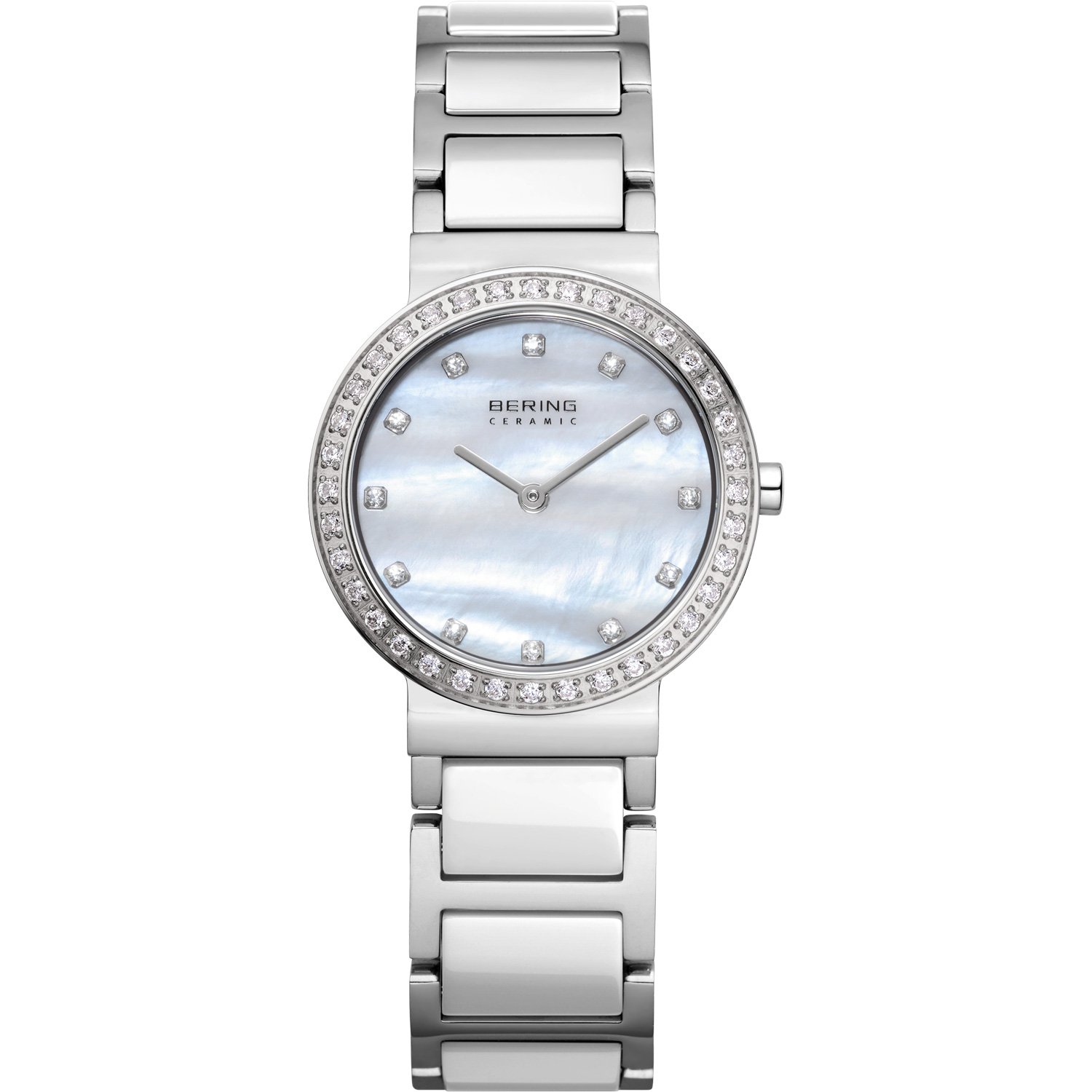 BERING Women's Quartz Watch, 29 mm Silver Stainless-Steel Case and White Dial, Stainless-Steel Strap with Ceramic Elements, 5 ATM, 10729-704
