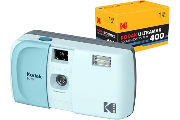KODAK EC35 35mm Film Camera 35mm, Reusable, Focus-Free, Built-in Flash, Slide Cover, Beginner Friendly (Powder Blue) Bundle with Kodak Ultramax 400/24EXP 35mm Roll Film