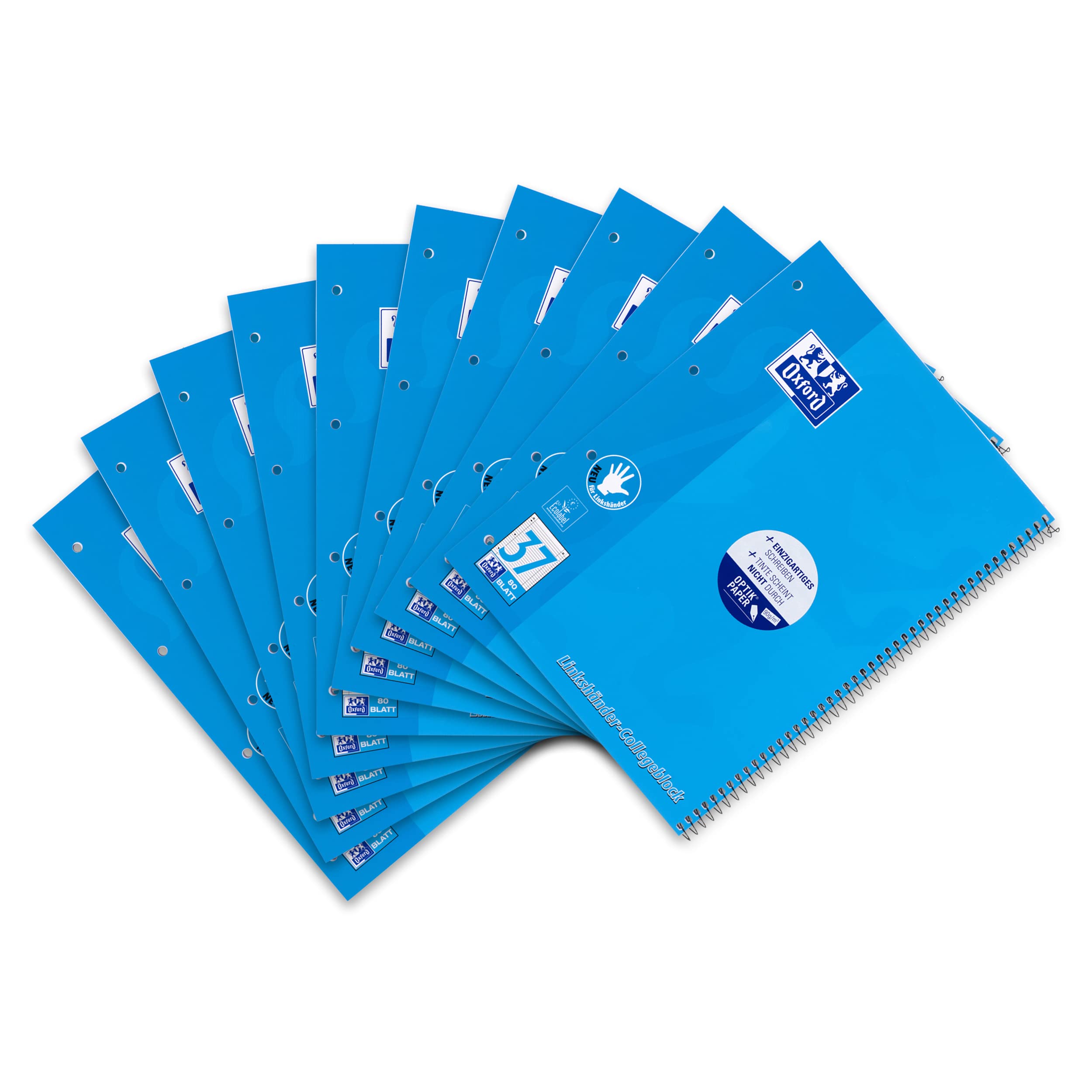 Oxford 100050404 Left-Handed Notepad A4+ 80 Sheets 90 GSM Optic Paper Line Ruled Double Margin Pack of 10 Blue