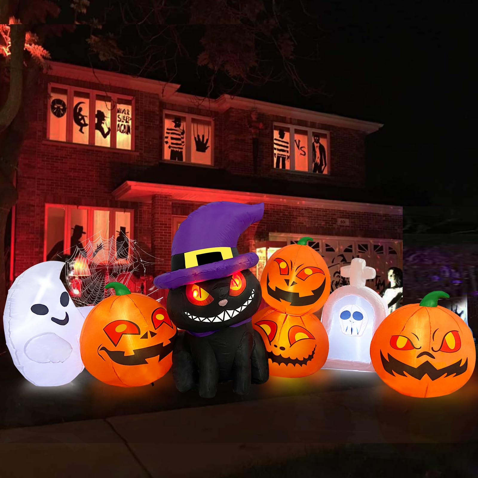 Photo 1 of MICOCAH Halloween Inflatables Outdoor Decorations 8 FT Long Funny Pumpkin Black Cat Blow Up Lanterns Built-in LED Lights with Ghost Tombstone Scary Yard Decoration for Holiday Party Outside Lawn