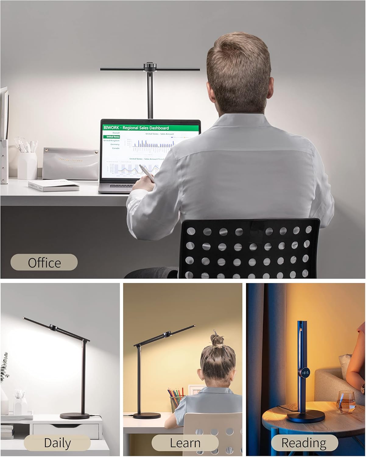 EZVALO Smart LED Desk Lamp Eye-Caring Table Lamps with Motion Sensor Detector, Professional Ai Intelligent Dimmer Desk Light for Reading, Studying, Home Office (Black) - - 