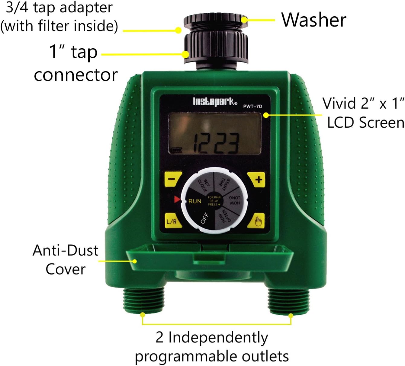 Instapark PWT-7D Outdoor Waterproof Electronic Digital Programmable Dual 2-Outlet Automatic On Off Water Faucet Hose Timer with Rain Delay and Manual Control: Home & Kitchen