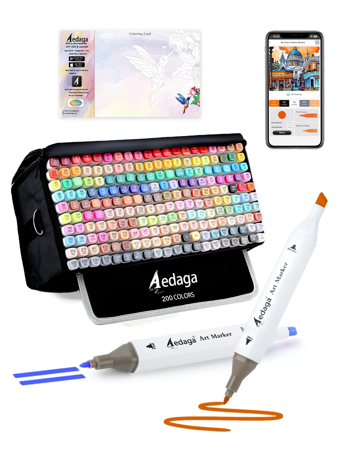 AEDAGA 200 Colours Alcohol Markers with Free App, Chisel and Fine Tips Alcohol Pens with Kickstand Case for Adults, Drawing Markers for Anime Manga Drawing and Sketching
