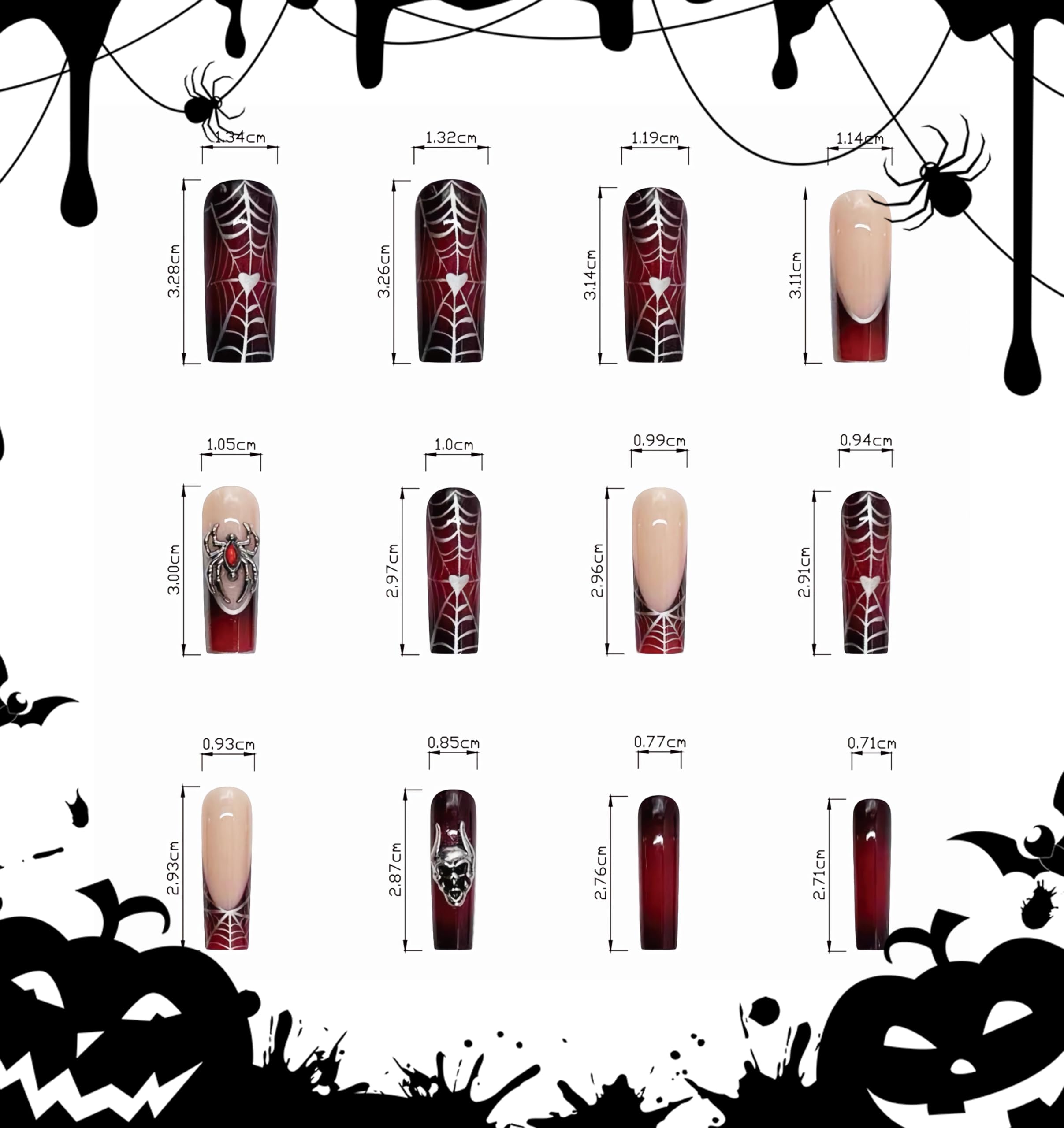 BABALAL Press on Nails Long Square Fake Nails Dark Black Red Glue ons Nails Metallic Spider Skull Charm Design Halloween Acrylic Nails 24Pcs Luxury Goth Squoval False Nails - Image 4