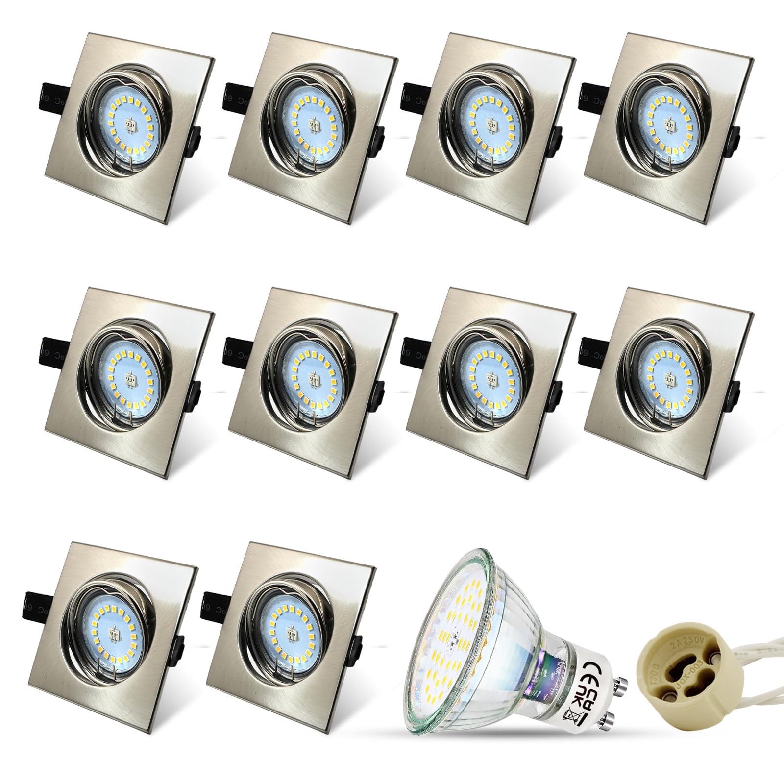 HiBay Set of 10 Square LED Recessed Spotlights 230 V GU10 Spotlights 5 W Neutral White Swivelling Recessed Spotlights Brushed Stainless Steel Recessed Lights with Socket