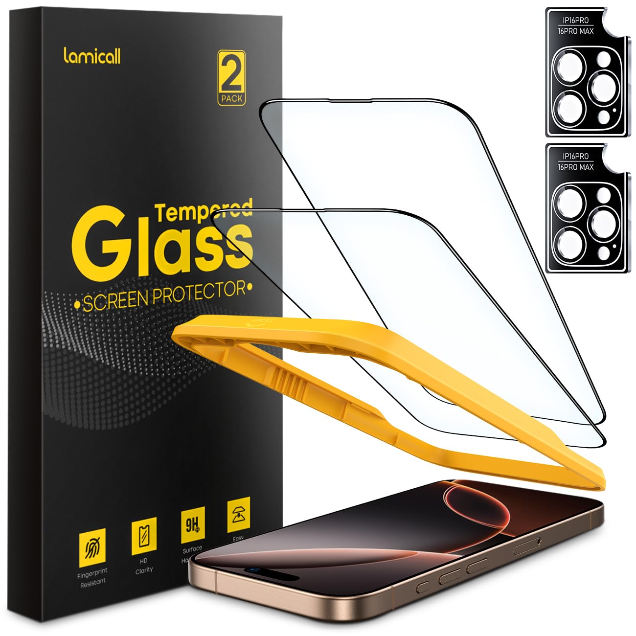 Lamicall 2+2 for iPhone 16 Pro Screen Protector (6.3") with Camera Lens Protector, [No Screen Obstruction], Top 9H Tempered Glass Film, Easy Alignment, Anti-Scratch, 0 Bubbles, HD Clear - [2-Pack]