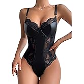 Lilosy Sexy Leather Underwire Push Up Floral Lace Sheer Corset Lingerie Women Teddy Bodysuit Bustier Top One Piece
