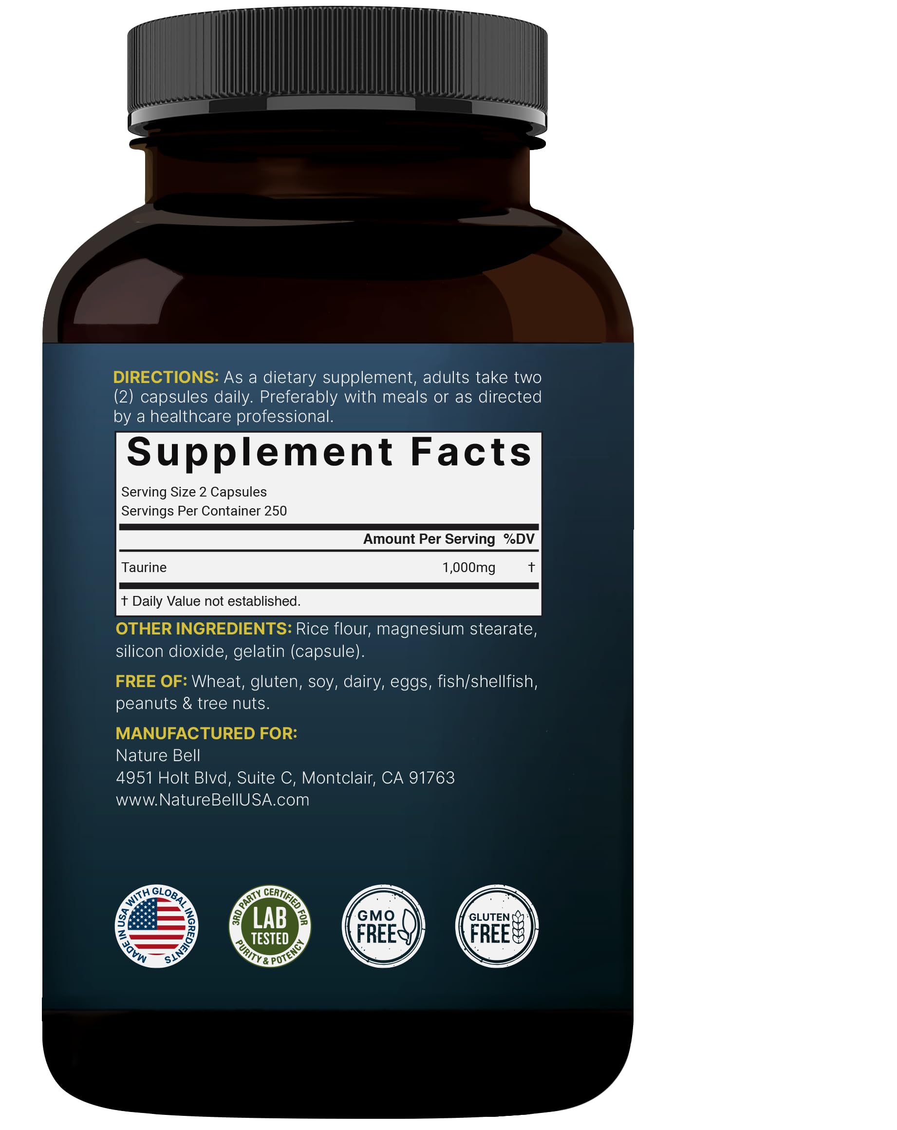 NatureBell Taurine 1,000mg Per Serving, 500 Capsules | Essential Amino Acids Supplement – Double Strength – Antioxidant Support for Heart, Muscle, Brain, & Liver Health – Non-GMO, Gluten Free