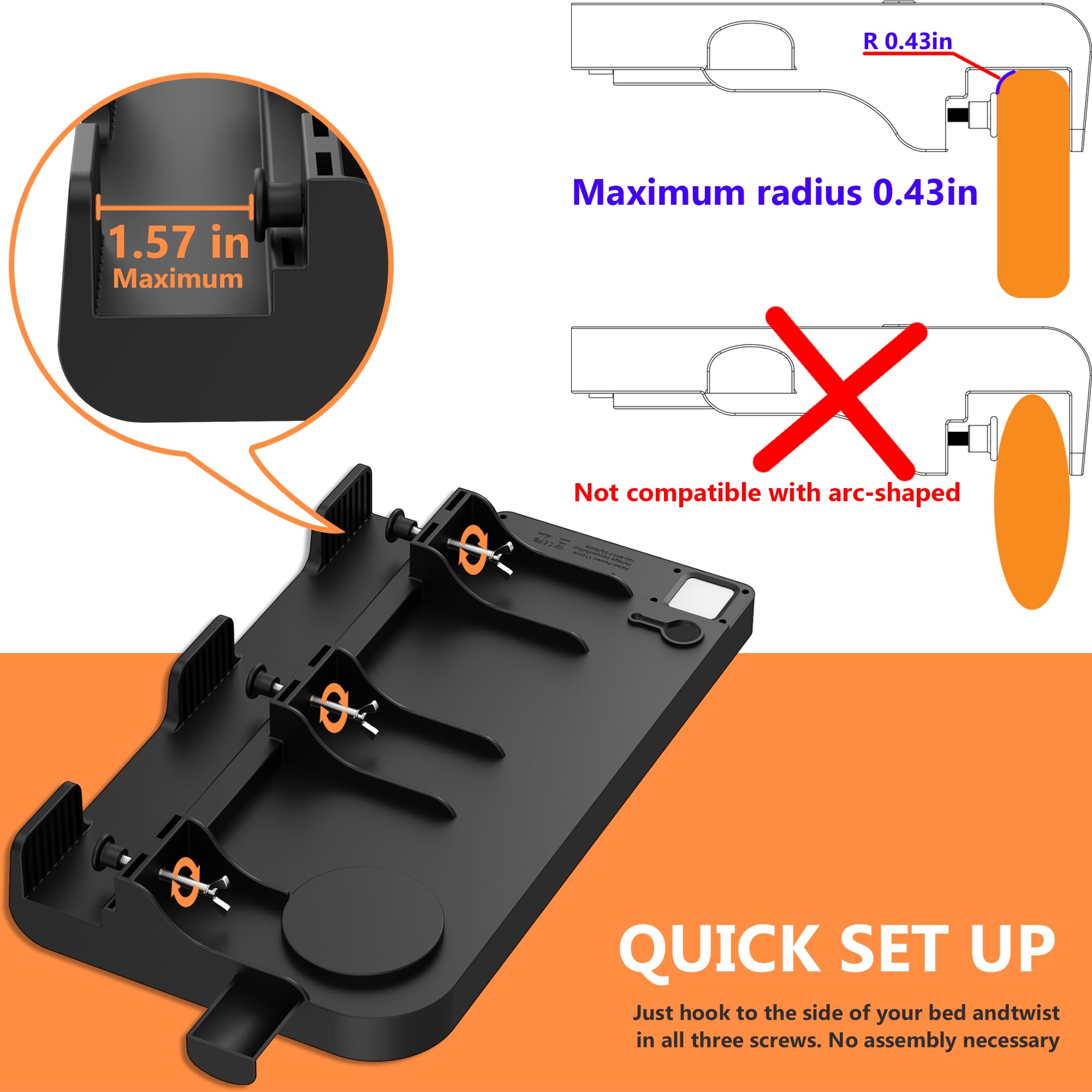 Bedside Shelf for Dorm Bunk Bed with USB Charging Port and AC Outlets, Bedside Caddy, Attachable Bedside Table, College Dorm Essential Clip On Bedside Tray, Bunk Bed Accessories, Plus Size, Black