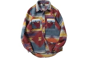 FindThy Men’s Brushed Flannel Shirts Ethnic Aztec Print Button Up Lapel Tribal Shirt Jacket Shacket