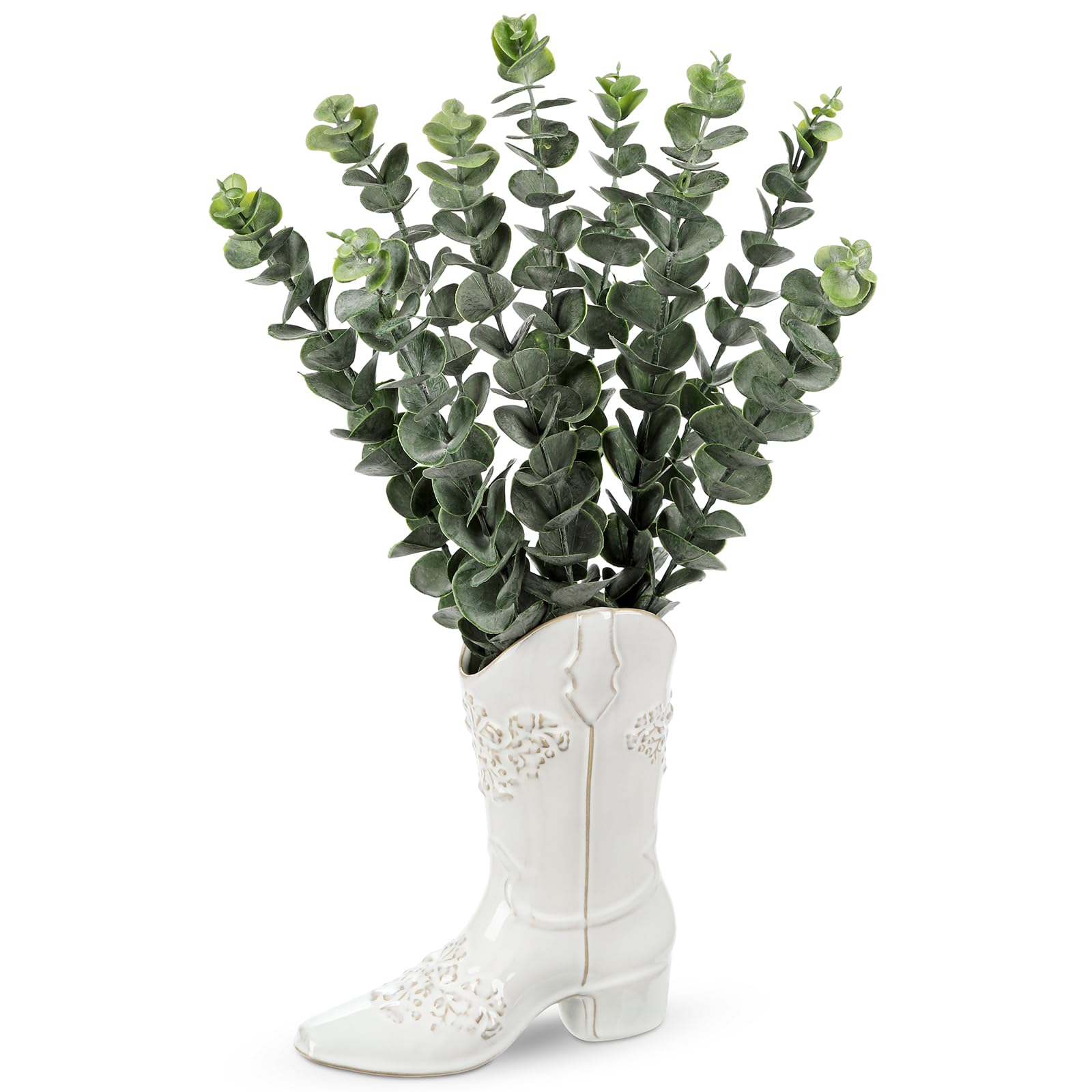 Photo 1 of Artificial Eucalyptus Plant in Ceramic Cowboy Boot Vase Faux Greenery Potted Plant for Rustic Farmhouse Decor Western Style Boot Planter with Eucalyptus Stems for Table Centerpiece-18 Inch Tall