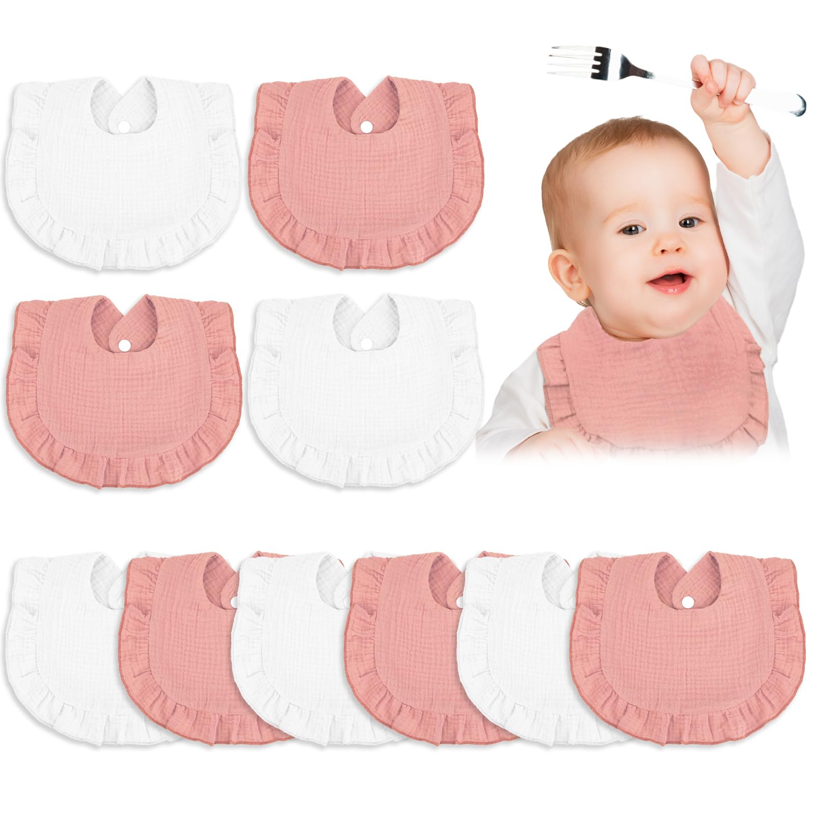 Photo 1 of Seematn 10 Pcs Baby Muslin Bibs Drool Bibs Bandana Ruffle Soft Cotton for Newborn Baby Infants Girl Teething Toddlers Boy(Pink, White)