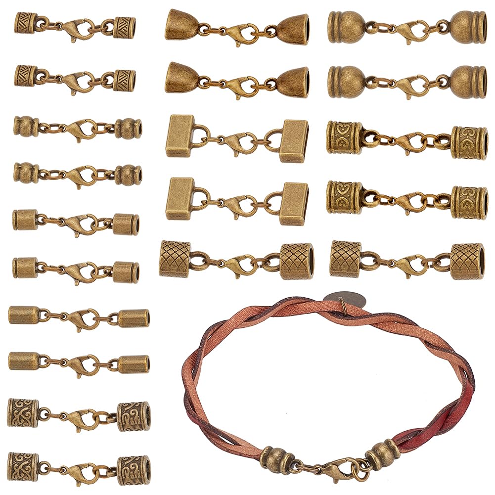 PH PandaHall 10 Styles Tibetan End Caps 20 Sets Leather Cord End Caps Alloy Tube Barrel End Tip with Lobster Clasp Rope End Caps with Ring Connector for Necklaces Bracelet Jewelry Making