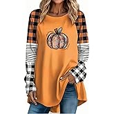 Women's Fall Outfits Pumpkin Shirts Plaid Striped Raglan Long Sleeve Tops