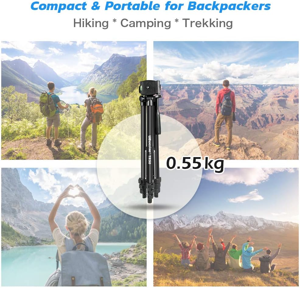 UBeesize Phone Tripod, 51" Adjustable Travel Video Tripod Stand with Cell Phone Mount Holder & Smartphone Bluetooth Remote, Compatible with iPhone/Android (Black)