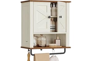 VASAGLE LIRY Collection - Bathroom Wall Cabinet, Farmhouse Wall-Mounted Medicine Storage Cabinet with 2 Barn Doors, Adjustable Shelf, Towel Bar, 7.9 x 18.1 x 24 Inches, Rustic White UBBK132W01S
