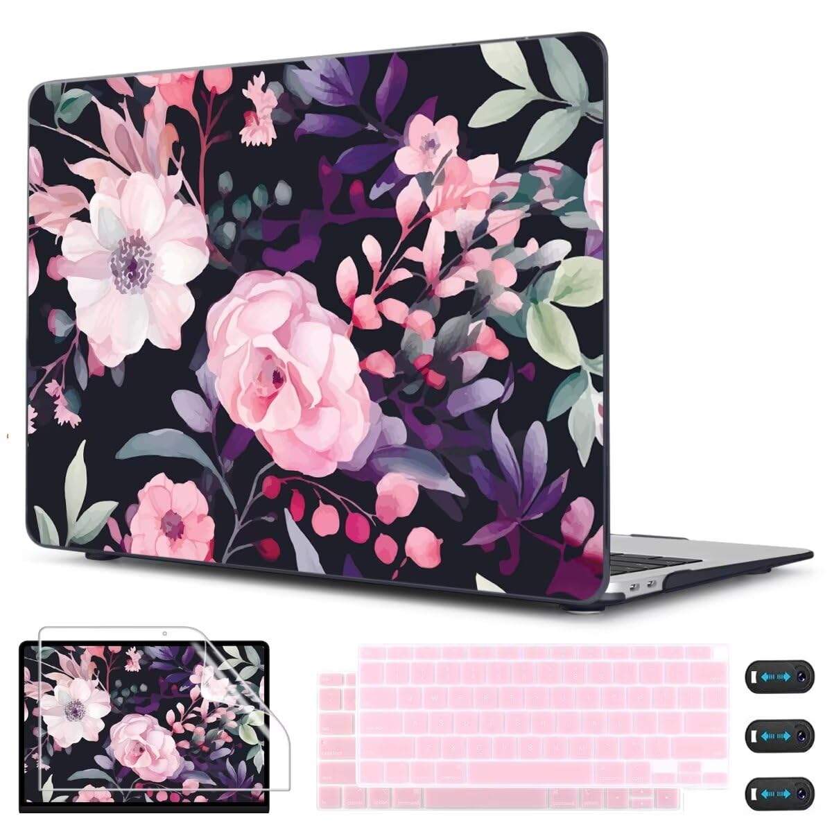 Photo 1 of CISSOOK Compatible with MacBook Air 13 inch Case M1 2021 2020-2018 Release Model A2337 A2179 A1932, Flower Plastic Hard Shell Case Black Cover for MacBook Air 13 inch with Touch ID- Pink Flowers