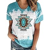 Female Aztec Shirt Retro Geometry Print Crew Casual Short Sleeve Western Style Loose T -Shirt Ladies