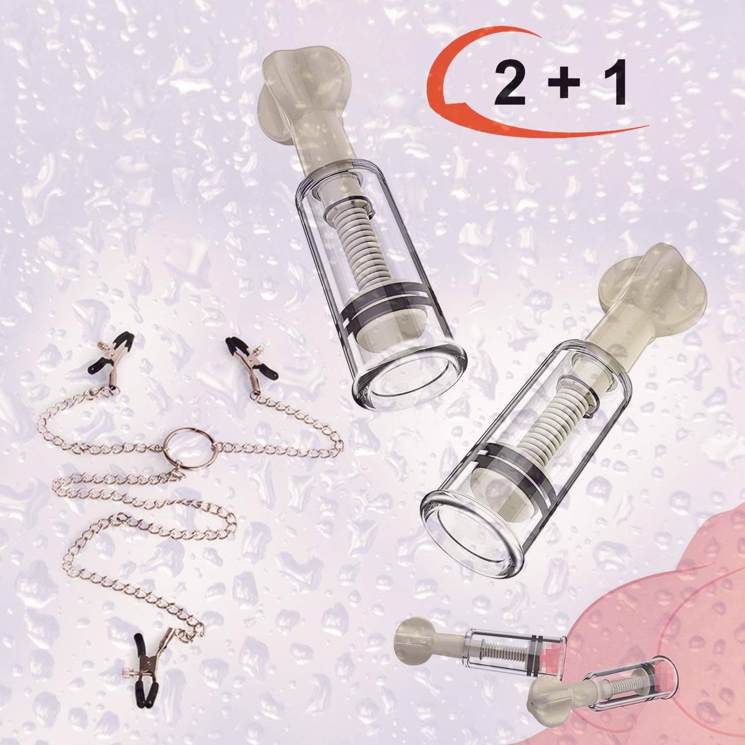2 pcs Powerful Suction Bottles and Metal Chain with 3 Clips, Massage The Sensitive Points of Your Body and Enjoy it.