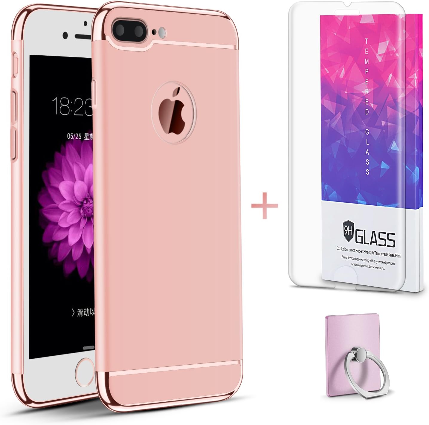 Hanglong 3 in 1 Full Protective Phone Case with Electroplate Frame For iPhone 7 Plus (with one Tempered Glass Screen Protector)-Rose gold