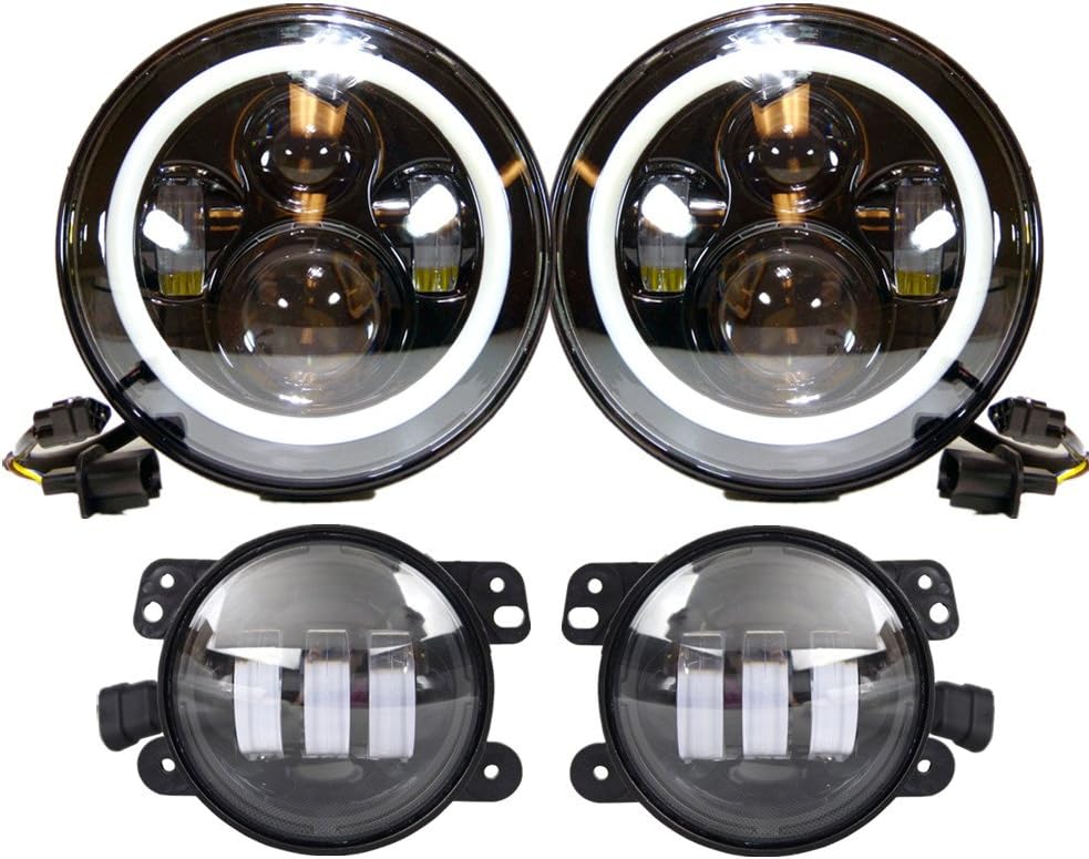 Black 7 Inch White/amber Halo Turn Signal Jeep Wrangler LED Headlights with Black 4 Inch Cree LED Fog Lights for Jeep Wrangler 07-16 TJ JK FJ Offroad Lights