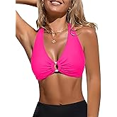 GRAPENT Bikini Top for Women Ruched O Ring Padded Adjustable Straps Bathing Suits Swim Tops Only Beach Vacation Clothes