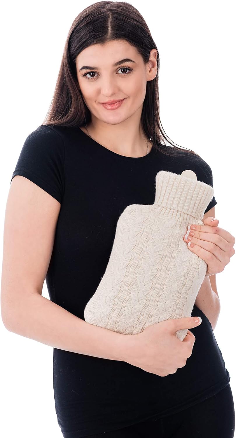 FiNeWaY 2L Large Hot Water Bottle Body Warmer Quality Hot Water Bottles with Arran Knitted Cover for Back Neck Shoulder Leg Arthritis Pain Relief Aches Cramp(Cream)