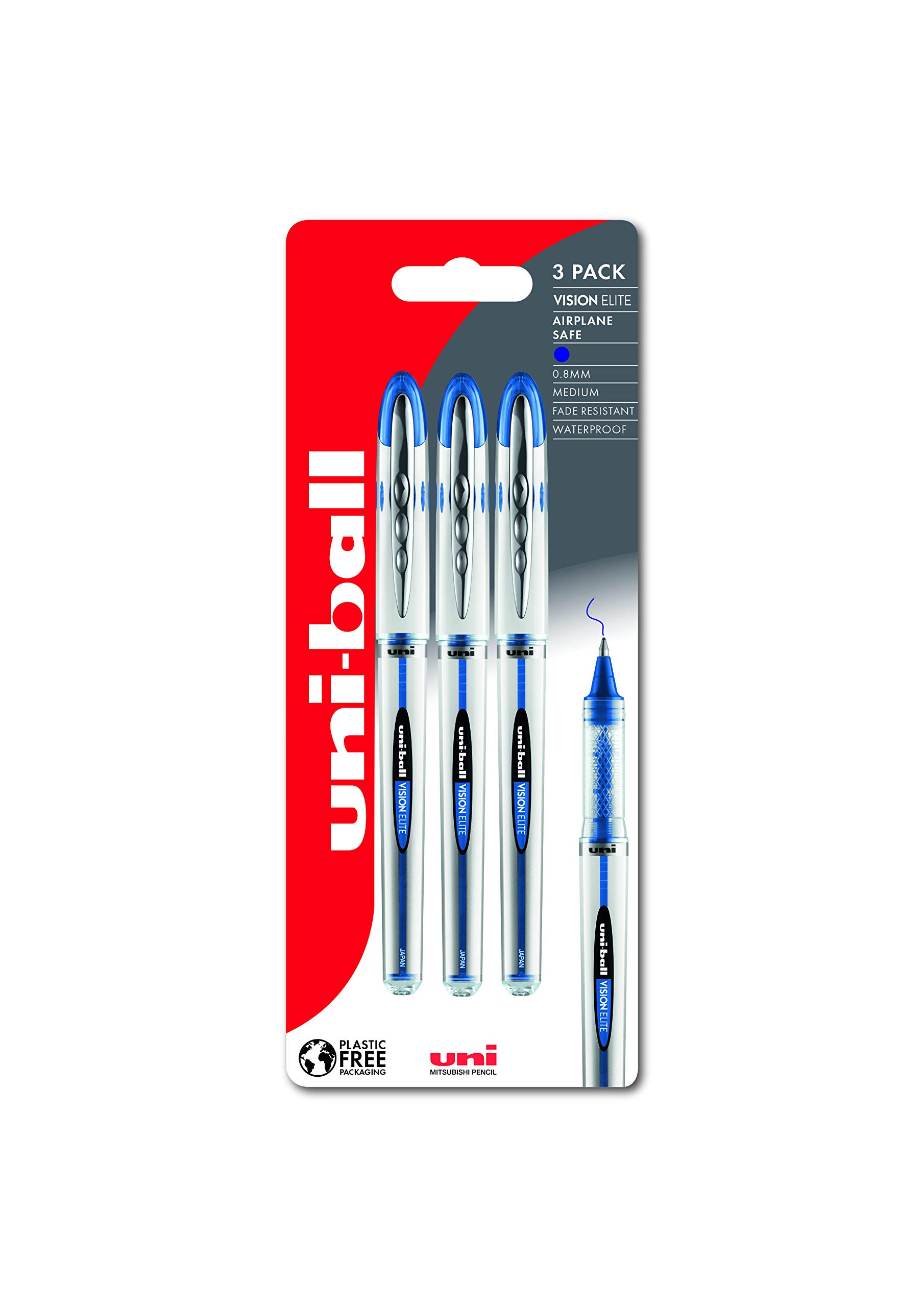 uni-ball UB-200 Vision Elite Rollerball Pens. Premium Medium 0.8mm Ballpoint Tip for Super Smooth Handwriting, Drawing, Art, and Colouring. Fade and Water Resistant Liquid Uni Super Ink. 3 Pack Blue