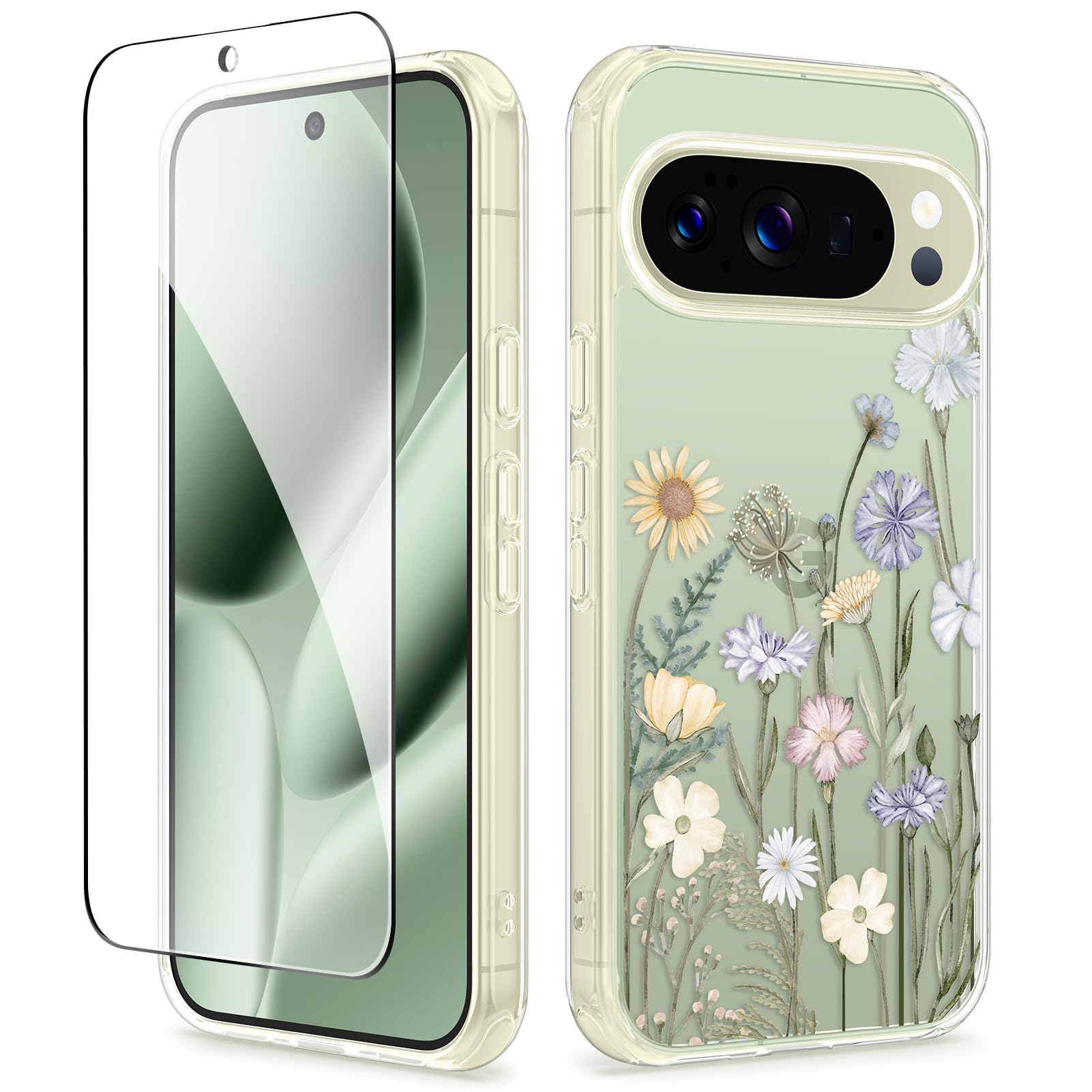 GVIEWIN for Google Pixel 10 Case/Pixel 10 Pro Case with Screen Protector, [Military Grade Drop Protection] Non Yellowing Clear Floral Slim Phone Cover for Women 2025 6.3" (Vibrant Spring)