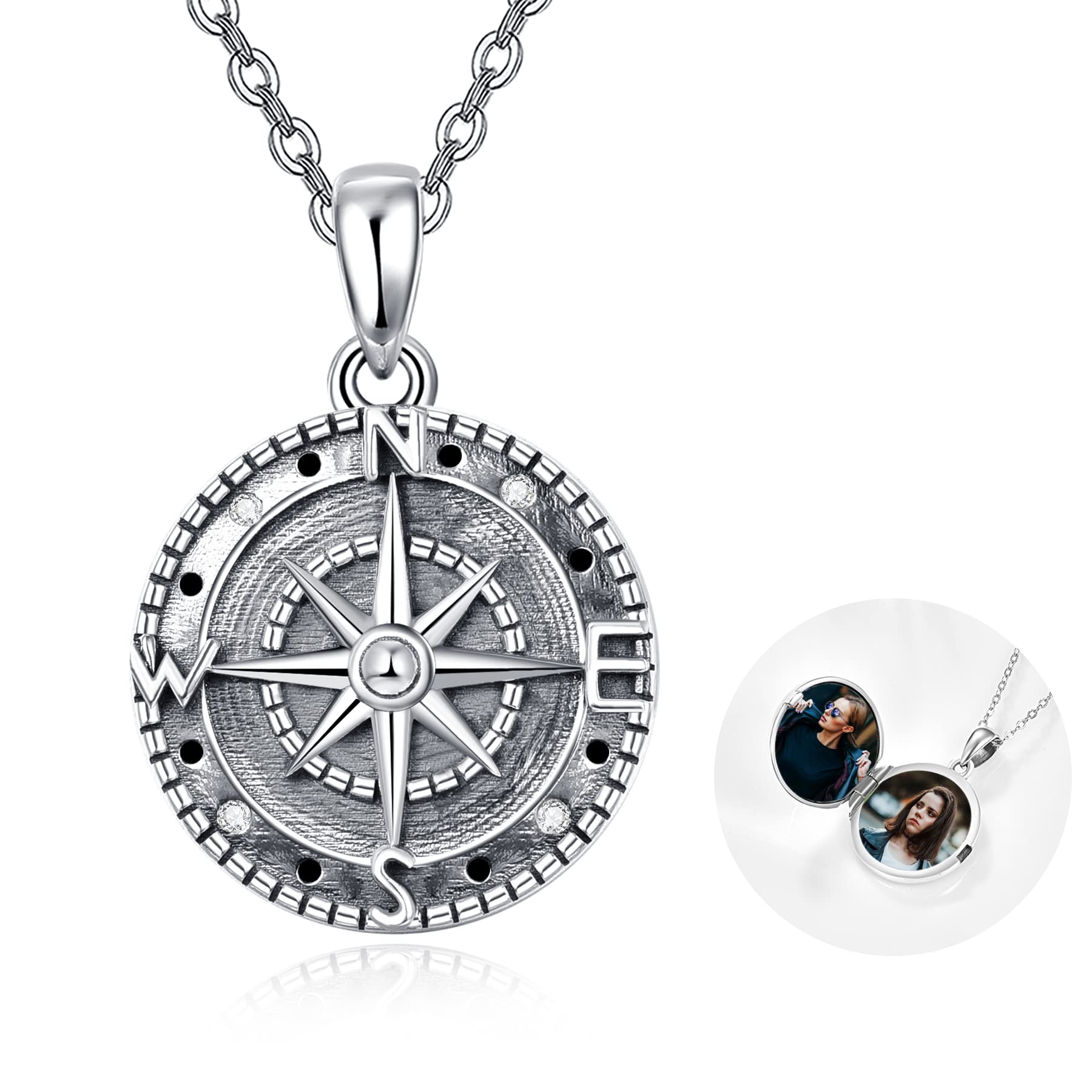 KINGWHYTE Sterling Silver Locket Necklace Compass Pendant Photo Locket Necklace that Holds Picture Memorial Gift for Women Men